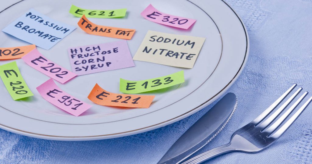 Ein Teller mit mehreren bunten kleinen Zetteln, auf dem viele verschiedene E-Nummern geschrieben stehen. Neben dem Teller liegt eine Gabel und ein Messer.