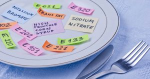 Ein Teller mit mehreren bunten kleinen Zetteln, auf dem viele verschiedene E-Nummern geschrieben stehen. Neben dem Teller liegt eine Gabel und ein Messer.