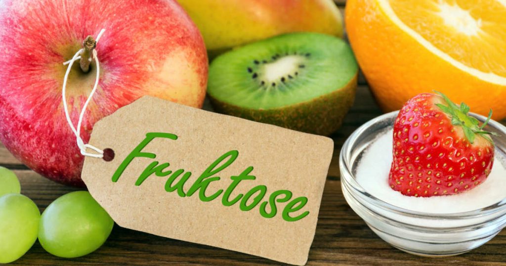 Früchte wie Apfel, Trauben, Kiwi, Orange liegen nah beieinander. In einem Schälchen mit weißem, isoliertem Zucker liegt eine Erdbeere. Ein Schild mit der Aufschrift Fruktose hängt am Stil des Apfels.